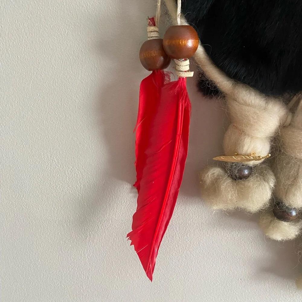 RARE INDIAN VINTAGE LARGE HANDMADE DREAM CATCHER Fur Feather Native Boho 12x18 - Picture 6 of 13